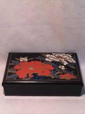 Vintage Set 1980s black Asian Floral travel tissue box & Jewelry Case ORIENTAL 