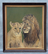 W. CZEKAJ SIGNED OIL PAINTING LION & LIONESS, CUB LEO VINTAGE STEINWAY GALLERY