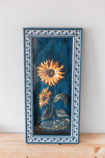 Painting sculpture sunflower relief under glass frame blue wood