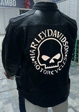 H-D Men's Blouson CUIR Skull Reflective Jacket Biker Leather Jacket Pure Leather