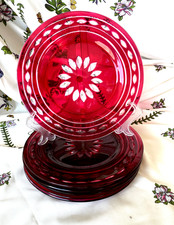 6 Val St Lambert Crystal Ruby Cut to Clear Dessert Salad Plate Kent York Rose