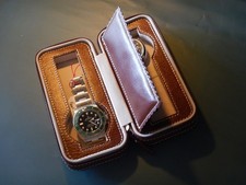 POUR 2 MONTRES BOITE BOX POCHETTE BOITIER COFFRET ETUI MARRON COUTURE BLANCHE