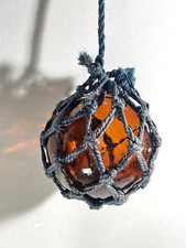 OLD FLOAT BALL AMBER GLASS FISHING NET ROPE NAVY BLUE DECORATION