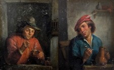 Pair of oils on panel - pipe smokers - 18th century Flemish work