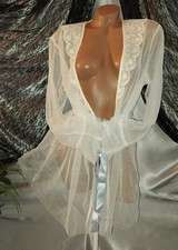 Vtg SHEER OPAQUE NYLON MESH POETS BELL SLV LACY SHORTY NIGHTIE COUETTE ROBE M