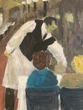 Very nice painting oil Art Brut cardboard 1990 Paris, waiter, restaurant,