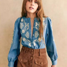 Sezane Women's Embroidered Lace Patchwork Lace Collar Puffy Sleeve Shirt Top