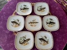 7 Assiettes Plates Carrées à Poisson Faience de Longchamp Décor Poissons 22cm