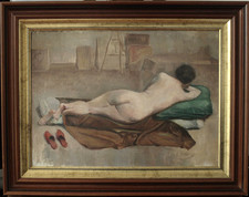 Tableau ancien, HST, Jeune femme, nu de dos à l'atelier du peintre, signé