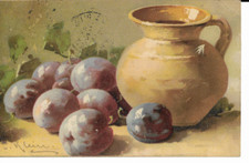 Old postcard terracotta and plum jug on an entablature
