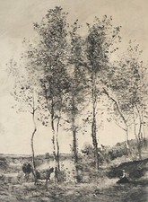 jean- Baptiste Corot 1796-1875 pointe sèche par los Rios vers 1910 Bouleaux