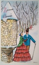 Old card, Happy New Year, couple near a castle, cute 1968
