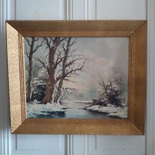 Huile sur toile signée "Paysage d'hiver sous bois bord de rivière enneigés"