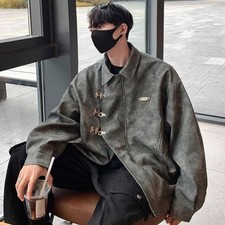 Men Chinese Style PU Leather Jacket Autumn Winter Tie-dye Coat Biker Ethnic Chic