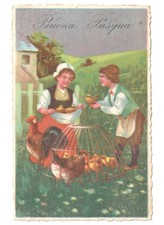 1929 Maison De Campagne Enfants Coq Poule Poussins Carte Joyeuses Pâques