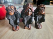 Trois singes de la sagesse sculptés en bois - 15 cm - déco vintage artisanale