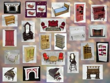 assortment of dollhouse/miniature furniture - beds, cupboard, fireplaces, desk +