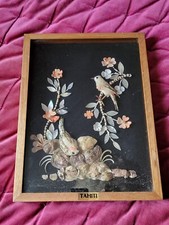 TABLEAU RELIEF 3D VINTAGE NACRE OISEAUX COQUILLAGE ASIATIQUE BOIS TAHITI  