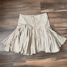 Rene Derhy Tan Midi Handkerchief Boho Skirt Embroidered Beaded Detail Size 12