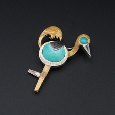 Tono Piedra Negra Bird Pin Brooch Sterling Silver Turquoise 2" Taxco T84 OS690