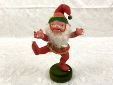 Vintage Flocked Pixi Elf Figurine with Bells Dancing Christmas Kitsch