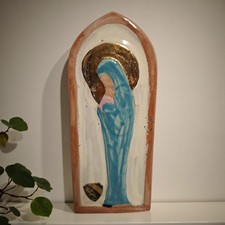 Vierge à l’Enfant grès émaillé Bouffioulx Guerin ancien plaque murale 26 cm 