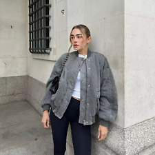 Women's Quilted Bomber Jacket Oversized Washed Grey Buttoned Zip Up