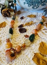 Collier perles pierres naturelles anciennes agate multicolore cornaline - 72 cm