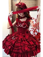 Red Rose Lolita Short Dress Sweet Cute Bow Tail Princess Layered Attractive