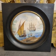 2/2 LARGE MINIATURE GOUACHE. ANIMATED BOAT PORT. painting, painting, signed 