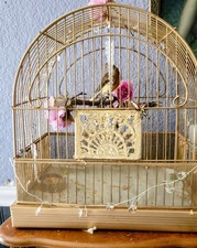 Antique Crown Canary Bird Cage Gold-leaf Door Goldtone Metal Decor Finches 