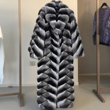 Luxury Chinchilla Fur Coat Women's Long Real Rex Rabbit Fur Overcoat Warm Jacket