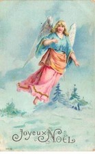 Embossed Card - Merry Christmas - Guardian Angel Flying Over Snow Trees