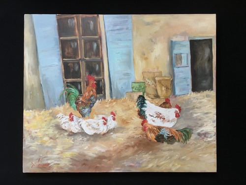Tableau peinture poules coq - peinture,