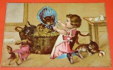 CHROMO 1875-1885 GIRL PLAYS WITH DOG CAT COSTUME