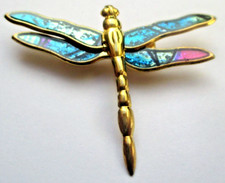 Belle broche libellule couleur or émail pailleté sous résine bijou vintage 2791