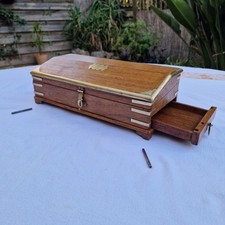 Coffret De Bureau Ancien, Boîte À Bijoux Bois De Teck Laiton, Système 2 Tiroirs