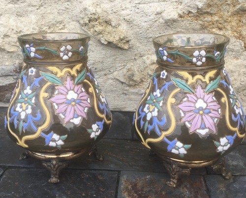 Paire vases verre - verre, emaille