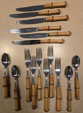 Justinus Solingen Germany MCM Vtg Bamboo Handle & Stainless Flatware 27 pcs