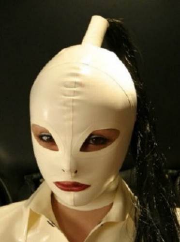 Latex hood with ponytail and - with,