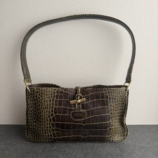LONGCHAMP Roseau Croc Embossed Khaki Leather Handbag From Japan