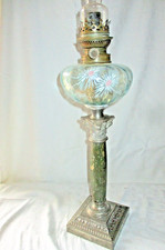  LAMPE À PÉTROLE XIX METAL ARGENTE MARBRE VERT RESERVOIR EMAILLE LEGRAS  69 cm
