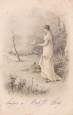 CPA ART Young Woman in White Dress with Dove 1904