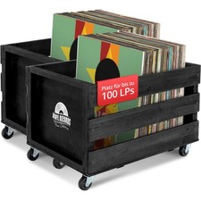 2x Rangement Vinyles Caisse Range en Bois Retro 100 LP Disques 4 Roulettes Noir