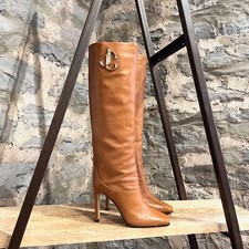 Jimmy Choo Tan Leather Mahesa 100 Knee High-heeled Logo Boot - 37.5 IT- 7.5 US
