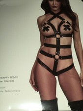 BODY RAGE NEW BLACK METAL One Piece BODYSUIT Lingerie STRAPPY TEDDY Size Bondage