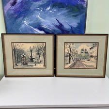 Pair Original MCM Paris scene watercolor by Lucien Ducuing (French 1896-1958)