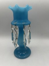 Antique Blue Opaline Mantle Luster Vase w/ Crystal Prisms 10” Tall Victorian