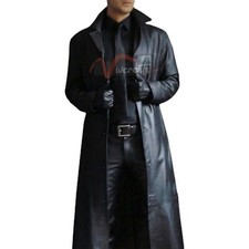 Retro Trench Coat Men Real Leather Long Jacket Full Length Overcoat Trench Goth