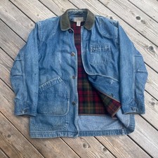 Vintage LL Bean Chore Jacket Mens Medium Denim Barn Coat Wool Plaid Lined Blue